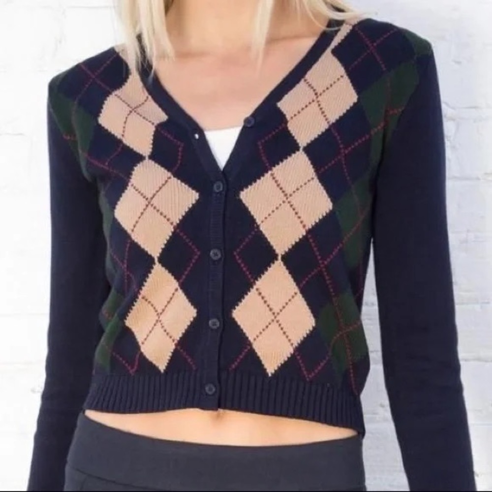 Brandy Melville Navy and Tan Argyle Cardigan